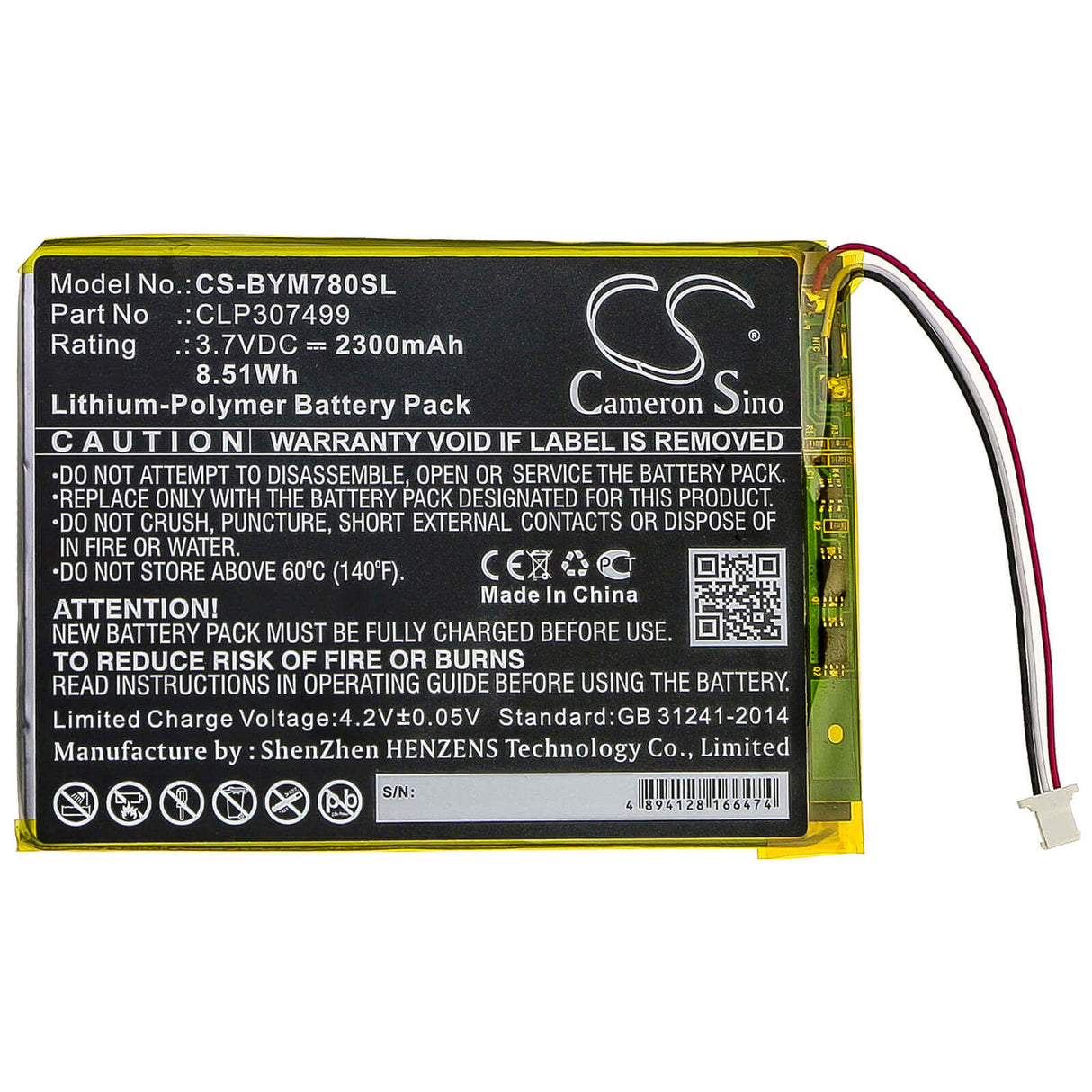 3.7V, Li-Polymer, 2300mAh, E-book, E-reader battery fits Boyue, Clp307499, Likebook Mars 7.8", 8.51Wh E-book, E-reader Cameron Sino Technology Limited