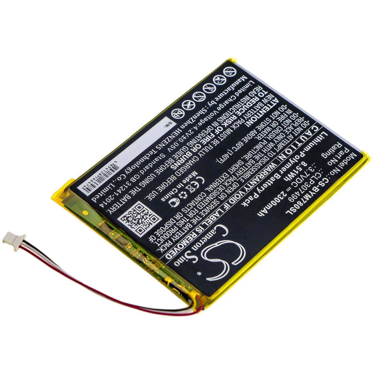 3.7V, Li-Polymer, 2300mAh, E-book, E-reader battery fits Boyue, Clp307499, Likebook Mars 7.8", 8.51Wh E-book, E-reader Cameron Sino Technology Limited