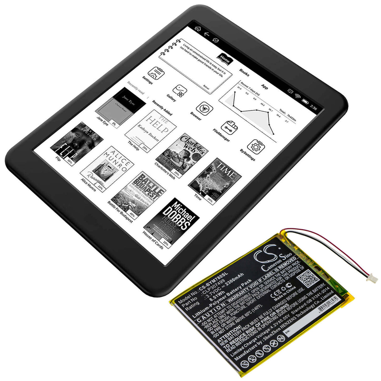 3.7V, Li-Polymer, 2300mAh, E-book, E-reader battery fits Boyue, Clp307499, Likebook Mars 7.8", 8.51Wh E-book, E-reader Cameron Sino Technology Limited