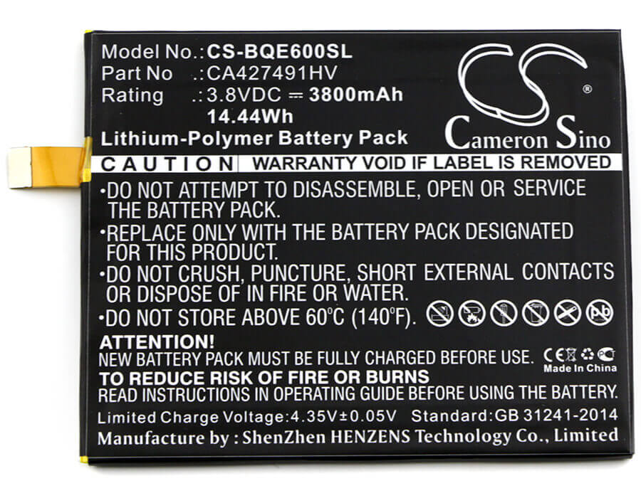 3.8V, Li-Polymer, 3800mAh, SmartPhone battery fits Bq, Ca427491hv, Aquaris E6, 14.44Wh Mobile, SmartPhone Cameron Sino Technology Limited (Suspended)