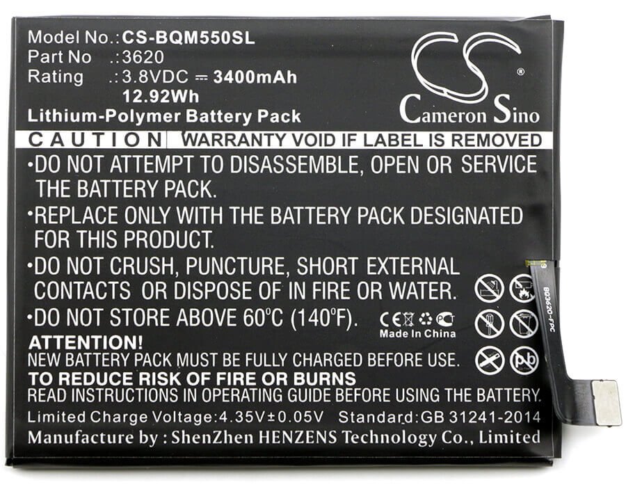 3.8V, Li-Polymer, 3400mAh, SmartPhone battery fits Bq, 3620, Aquaris M5.5, 12.92Wh Mobile, SmartPhone Cameron Sino Technology Limited (Smartphone)