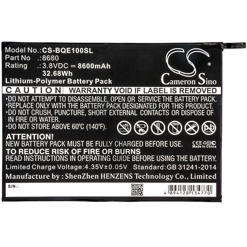 3.8V, Li-Polymer, 8600mAh, Tablet battery fits Bq, 8680, E10, E10 Tablet, 32.68Wh Tablet Cameron Sino Technology Limited