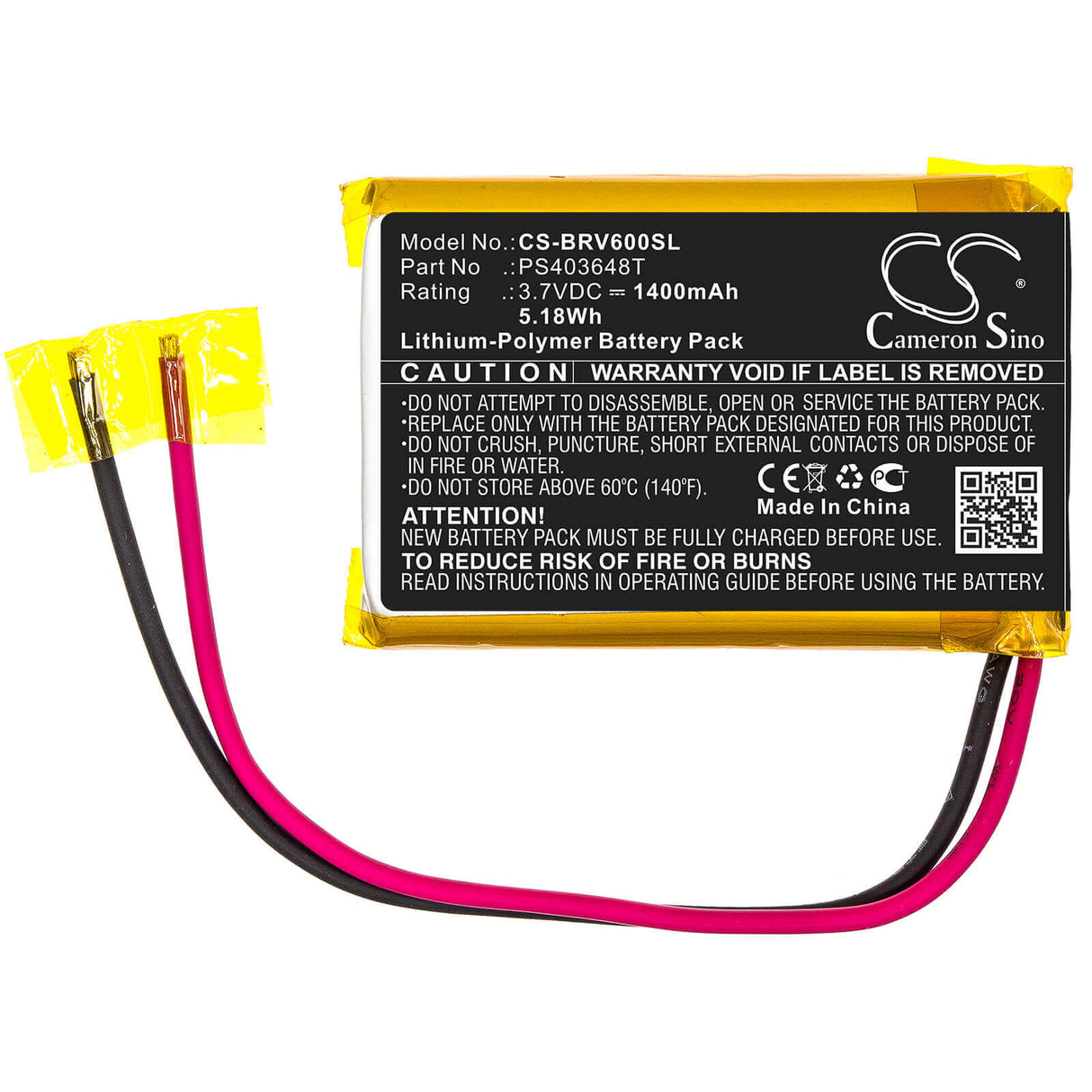 3.7V, Li-Polymer, 1400mAh, Speaker battery fits Braven, Braven 600, 5.18Wh Speaker Cameron Sino Technology Limited