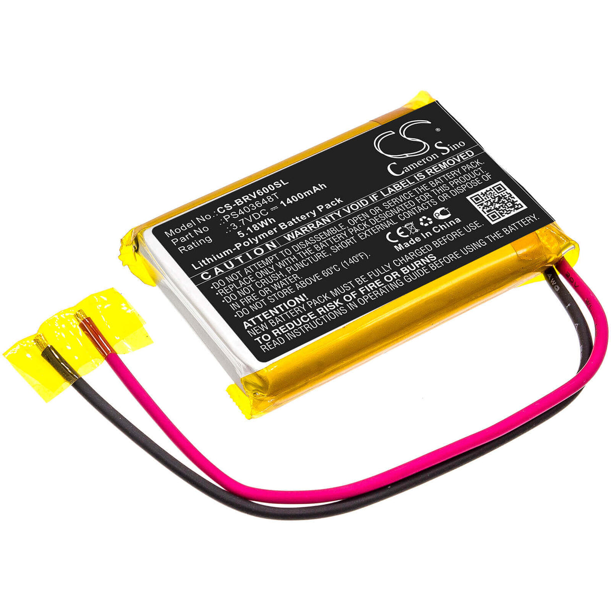 3.7V, Li-Polymer, 1400mAh, Speaker battery fits Braven, Braven 600, 5.18Wh Speaker Cameron Sino Technology Limited