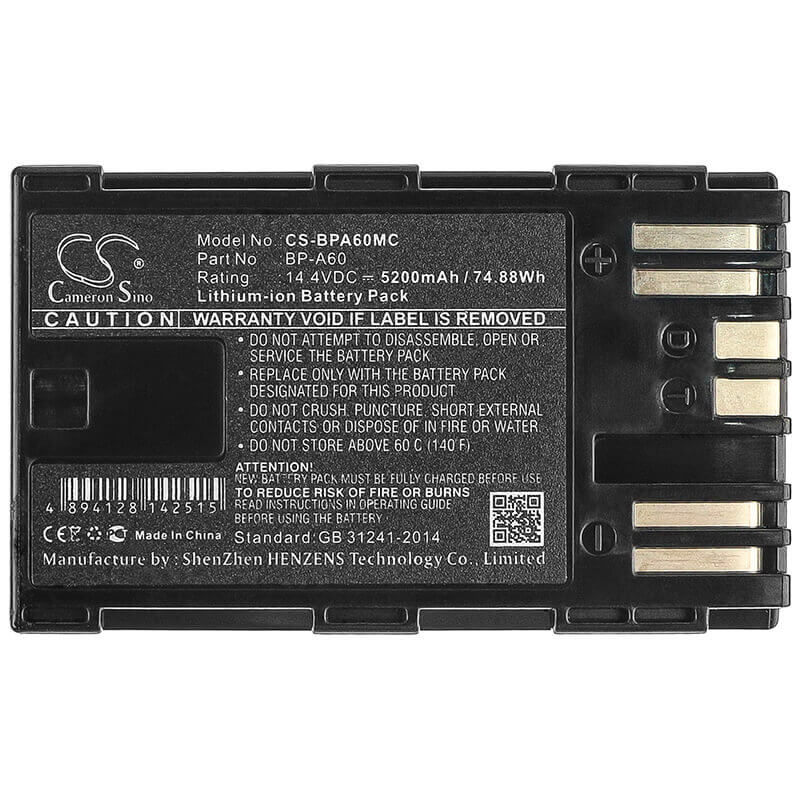 14.4V, Li-ion, 5200mAh, Camera battery fits Canon, Bp-a60, Ca-cp200l, Eos C200, 74.88Wh Camera Cameron Sino Technology Limited (Camera)
