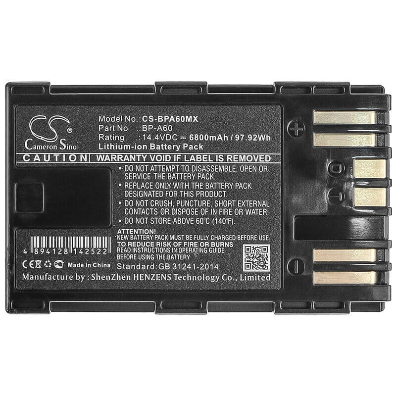 14.4V, Li-ion, 6800mAh, Camera battery fits Canon, Bp-a60, Ca-cp200l, Eos C200, 97.92Wh Camera Cameron Sino Technology Limited (Camera)