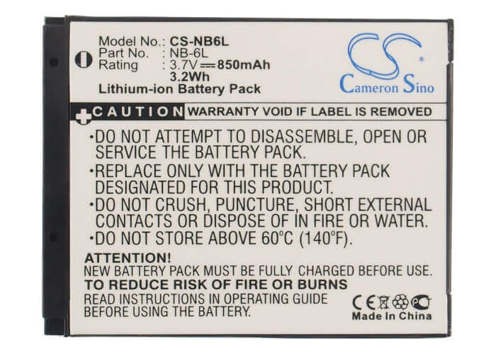 3.7V, Li-ion, 850mAh, Camera battery fits Canon, Nb-6l, Digital Ixus 200 Is, Digital Ixus 210, 3.145Wh Camera Cameron Sino Technology Limited (Camera)