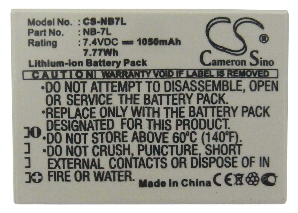7.4V, Li-ion, 1050mAh, Camera battery fits Canon, Nb-7l, Powershot G10, Powershot G10 Is, 7.77Wh Camera Cameron Sino Technology Limited (Camera)