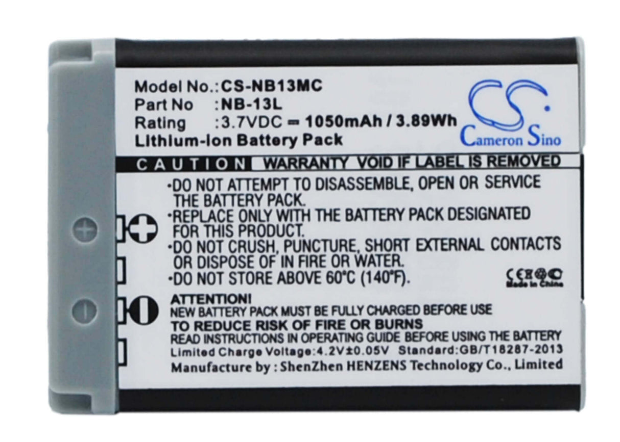 3.7V, Li-ion, 1050mAh, Camera battery fits Canon, Nb-13l, Powershot G5x, Powershot G5x M2, 3.885Wh Camera Cameron Sino Technology Limited (Camera)