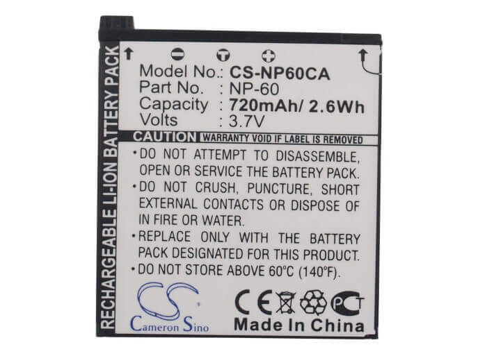 3.7V, Li-ion, 720mAh, Camera battery fits Casio, Np-60, Exilim Ex-fs10, Exilim Ex-fs10be, 2.664Wh Camera Cameron Sino Technology Limited (Camera)