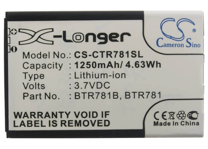 3.7V, Li-ion, 1250mAh, SmartPhone battery fits Casio, Btr781, C781, Gzone Ravine 2, 4.63Wh Mobile, SmartPhone Cameron Sino Technology Limited (Smartphone)
