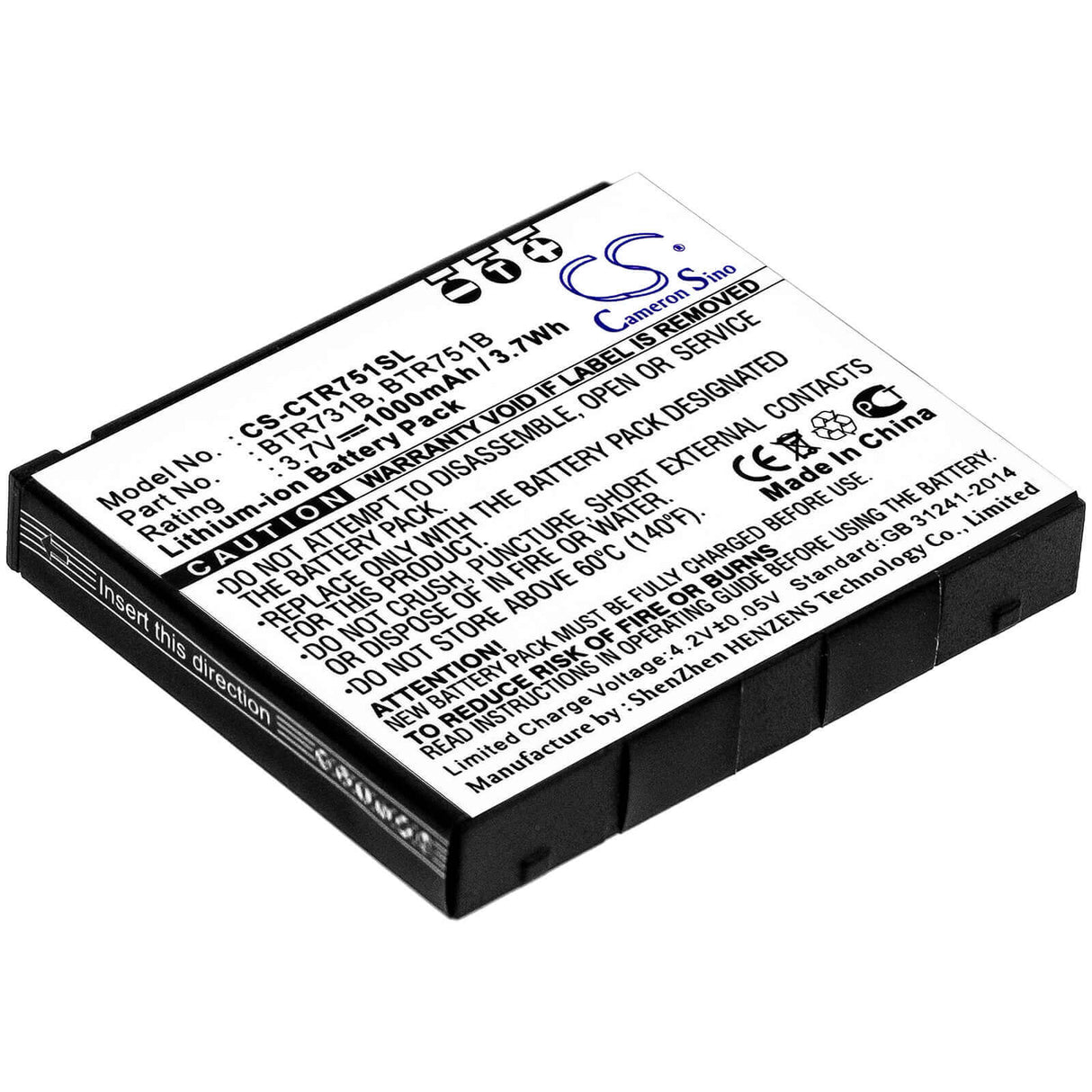 3.7V, Li-ion, 1000mAh, SmartPhone battery fits Casio, Btr731b, C731, C751, 3.7Wh Mobile, SmartPhone Cameron Sino Technology Limited (Smartphone)