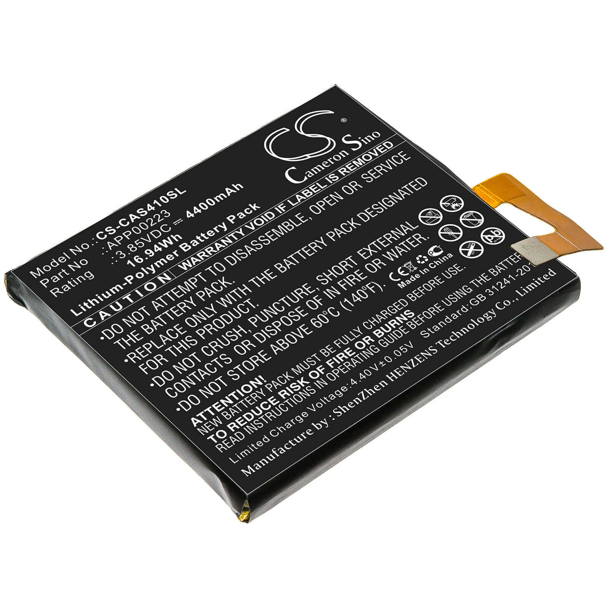 3.85V, Li-Polymer, 4400mAh, SmartPhone battery fits Cat, Caterpillar, App00223, S41, 16.94Wh Mobile, SmartPhone Cameron Sino Technology Limited (Smartphone)