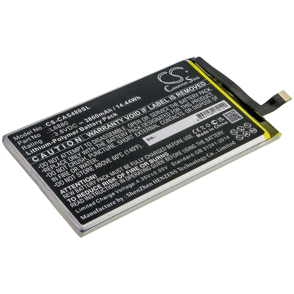 3.8V, Li-Polymer, 3800mAh, SmartPhone battery fits Sprint, Caterpillar, Cat, L6880, S48c, 14.44Wh Mobile, SmartPhone Cameron Sino Technology Limited (Smartphone)