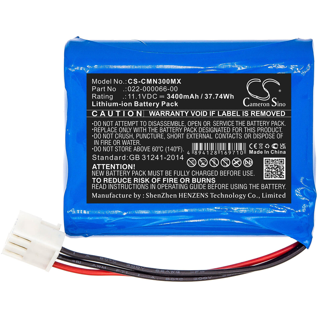11.1V, Li-ion, 3400mAh, Medical battery fits Comen, 022-000066-00, Ecg Cm300, Nc3, 37.74Wh Medical Cameron Sino Technology Limited (Medical)