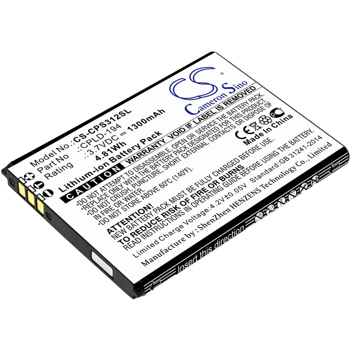 3.7V, Li-ion, 1300mAh, SmartPhone battery fits Coolpad, Cpld-194, 3312a, Snap, 4.81Wh Mobile, SmartPhone Cameron Sino Technology Limited (Smartphone)