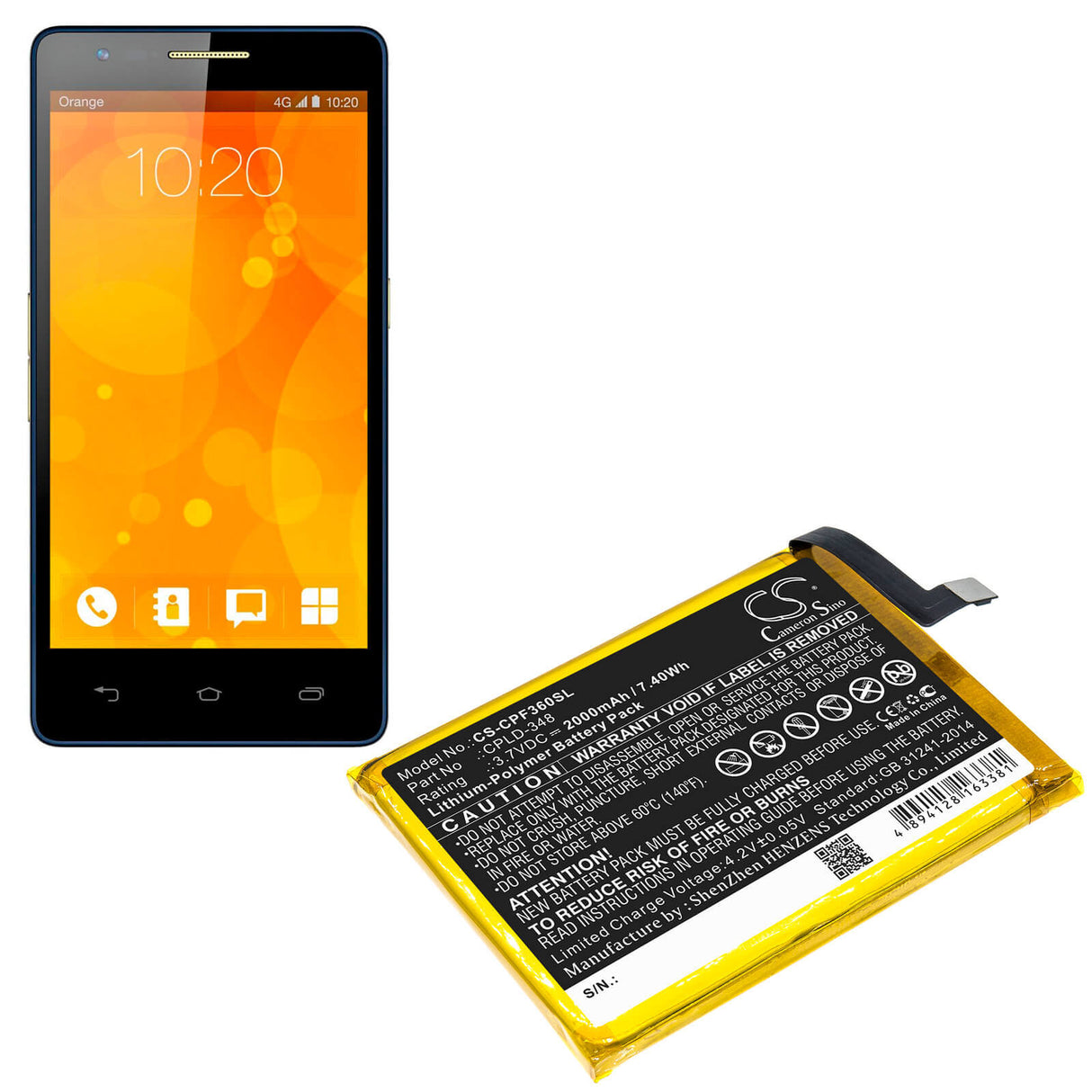 3.7V, Li-Polymer, 2000mAh, SmartPhone battery fits Coolpad, Orange, Cpld-348, 3602u, 7.4Wh Mobile, SmartPhone Cameron Sino Technology Limited (Smartphone)