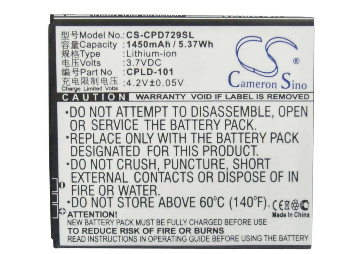 3.7V, Li-ion, 1450mAh, SmartPhone battery fits Coolpad, Cpld-101, 7290, 5.37Wh Mobile, SmartPhone Cameron Sino Technology Limited (Suspended)
