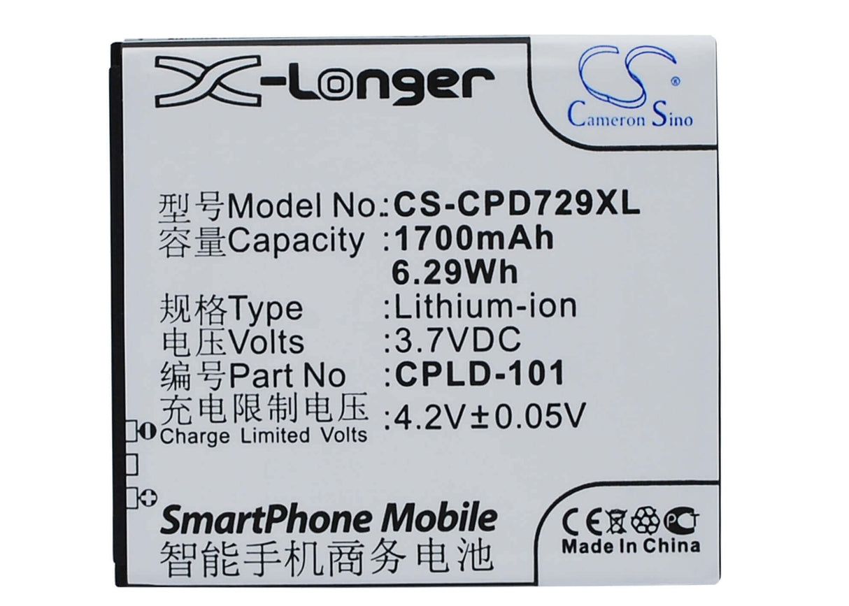 3.7V, Li-ion, 1700mAh, SmartPhone battery fits Coolpad, Cpld-101, 7290, 6.29Wh Mobile, SmartPhone Cameron Sino Technology Limited (Suspended)