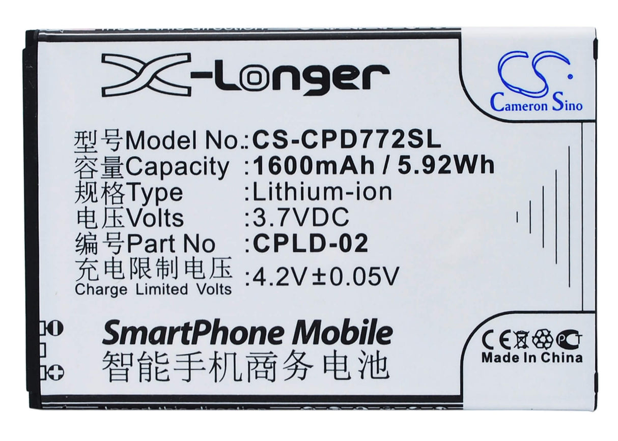 3.7V, Li-ion, 1600mAh, SmartPhone battery fits Coolpad, Cpld-02, 7728, 5.92Wh Mobile, SmartPhone Cameron Sino Technology Limited (Suspended)