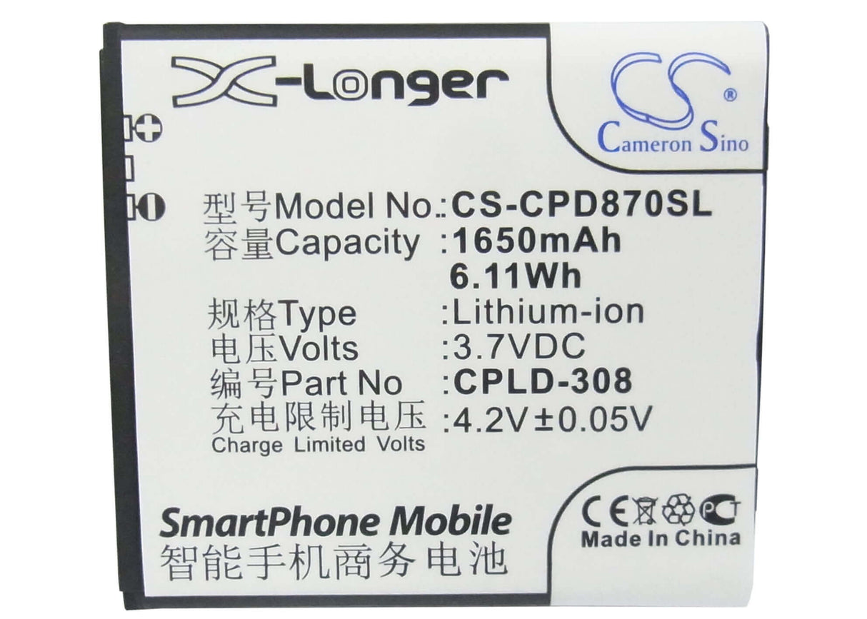 3.7V, Li-ion, 1650mAh, SmartPhone battery fits Coolpad, Cpld-308, 8085, 8085q, 6.11Wh Mobile, SmartPhone Cameron Sino Technology Limited (Suspended)