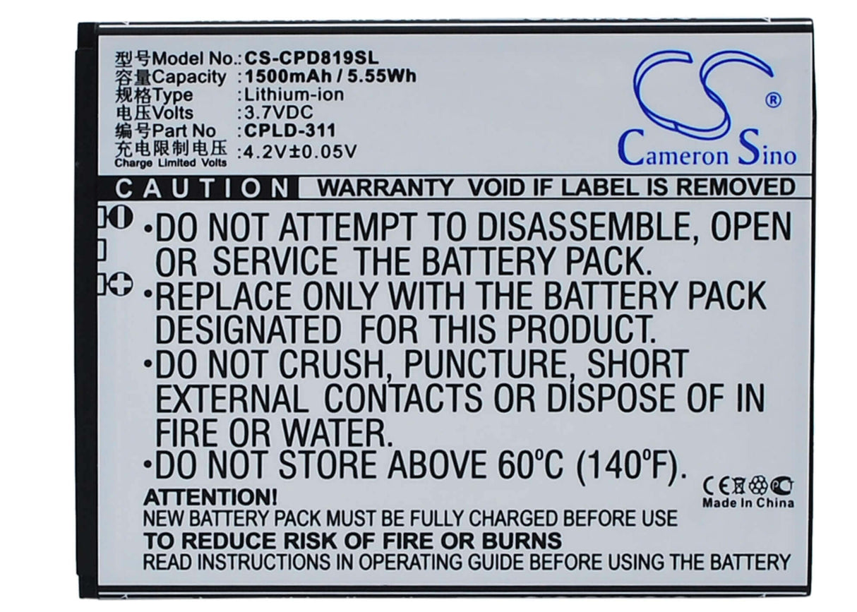 3.7V, Li-ion, 1500mAh, SmartPhone battery fits Coolpad, Cpld-311, 7295c, 8198t, 5.55Wh Mobile, SmartPhone Cameron Sino Technology Limited (Smartphone)