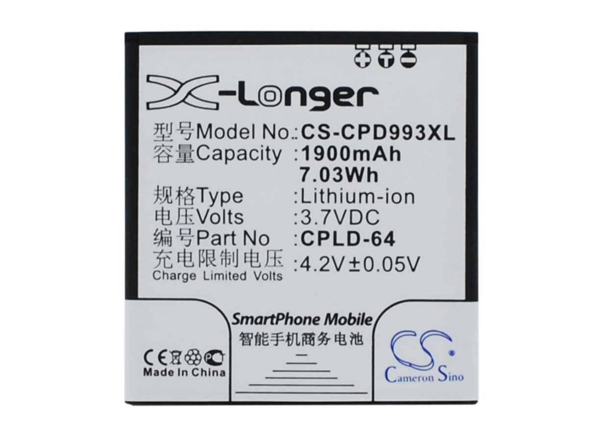 3.7V, Li-ion, 1900mAh, SmartPhone battery fits Coolpad, Cpld-64, 9930, W702, 7.03Wh Mobile, SmartPhone Cameron Sino Technology Limited (Suspended)