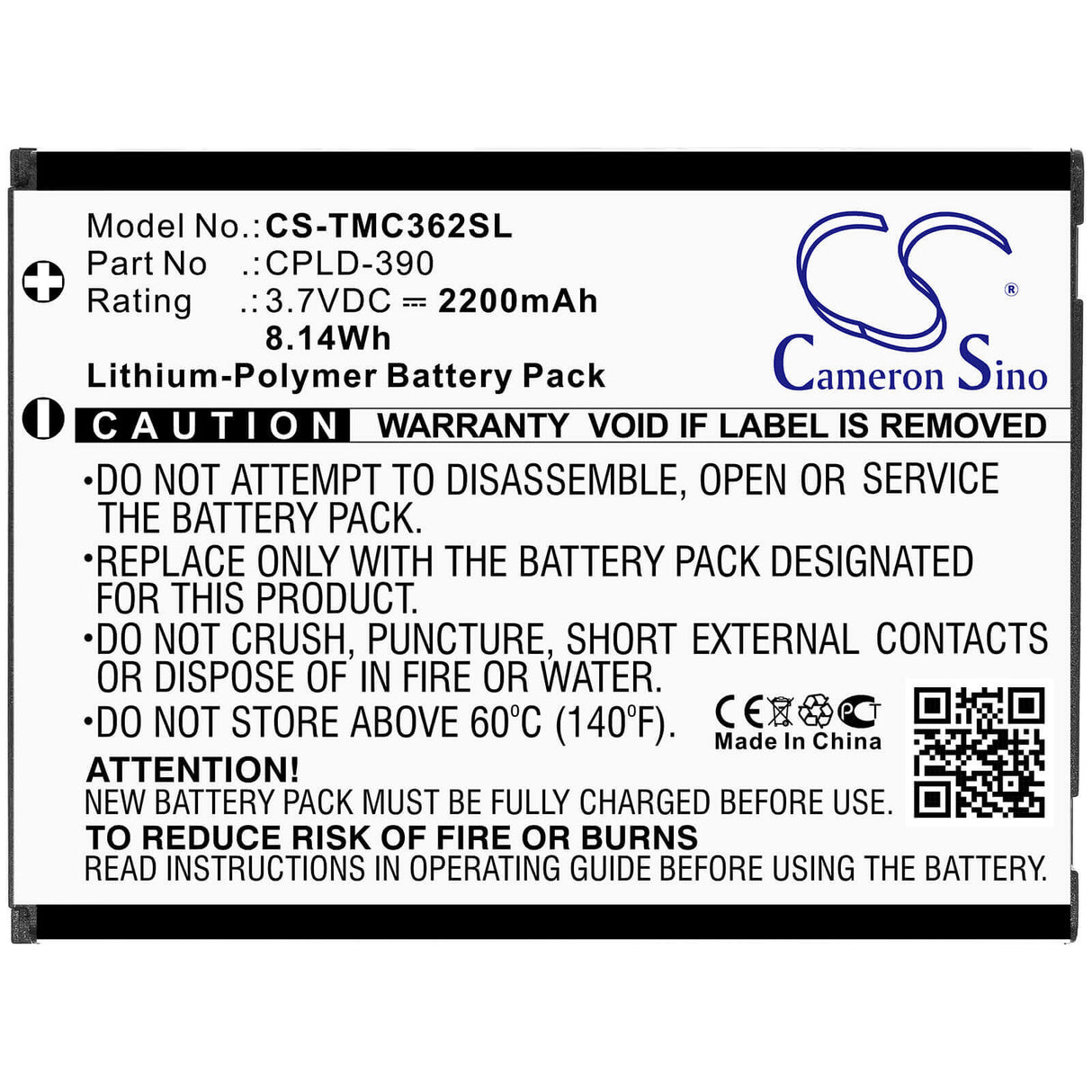 3.7V, Li-Polymer, 2200mAh, SmartPhone battery fits Coolpad, T-mobile, Cpld-390, Catalyst 3622a, 8.14Wh Mobile, SmartPhone Cameron Sino Technology Limited (Smartphone)