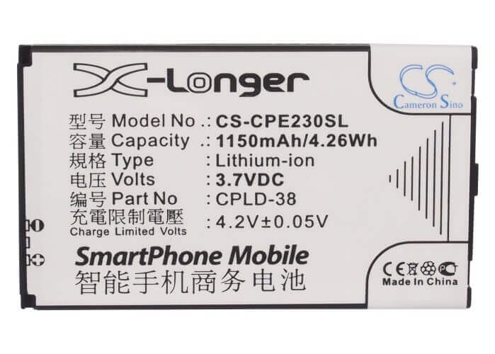 3.7V, Li-ion, 1150mAh, SmartPhone battery fits Coolpad, Cpld-38, E230, E506, 4.26Wh Mobile, SmartPhone Cameron Sino Technology Limited (Suspended)