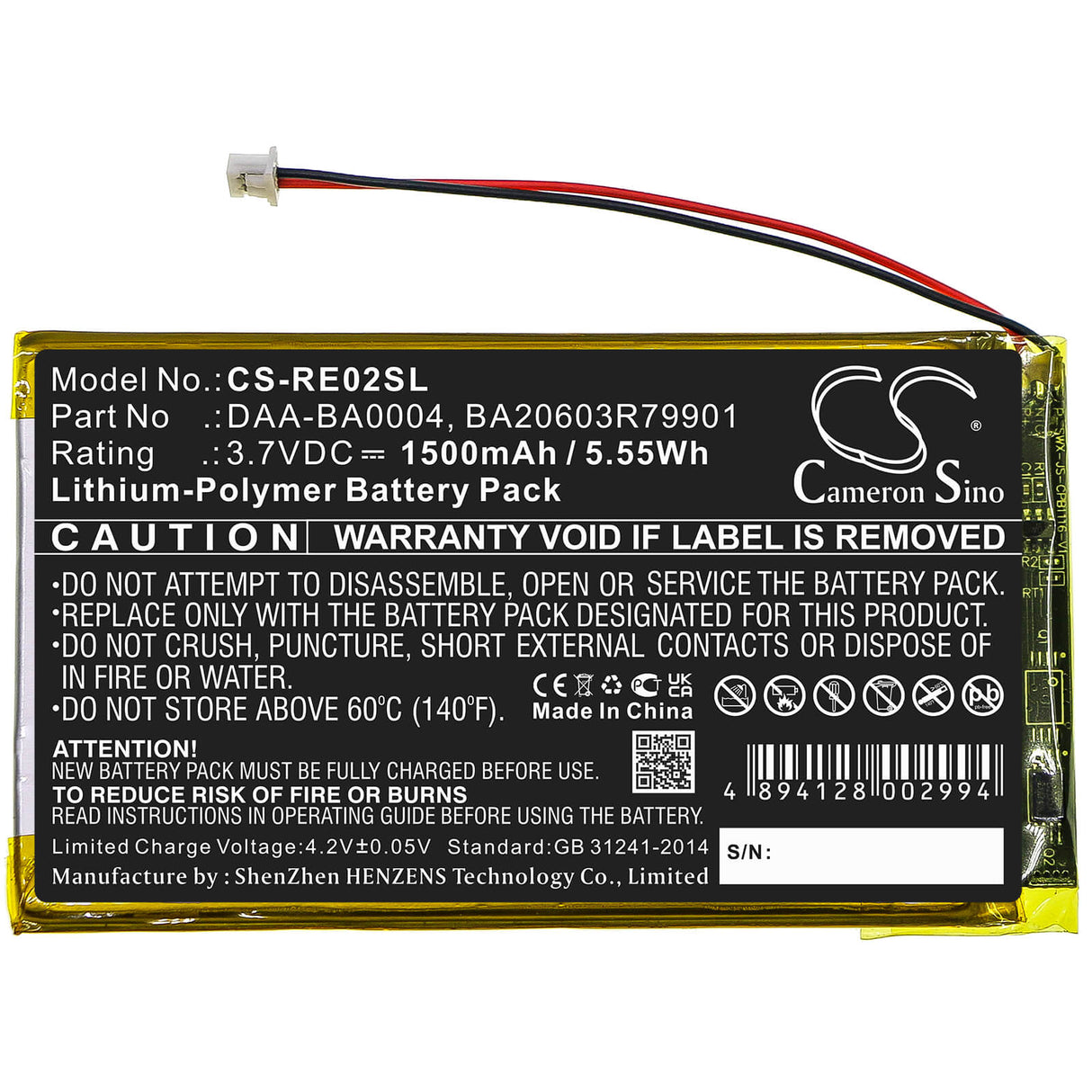 3.7V, Li-Polymer, 1500mAh, Media Player battery fits Creative, Ba20603r79901, Dap-hd0014, Labs Nomad Jukebox Zentouch, 5.55Wh Media Player Cameron Sino Technology Limited