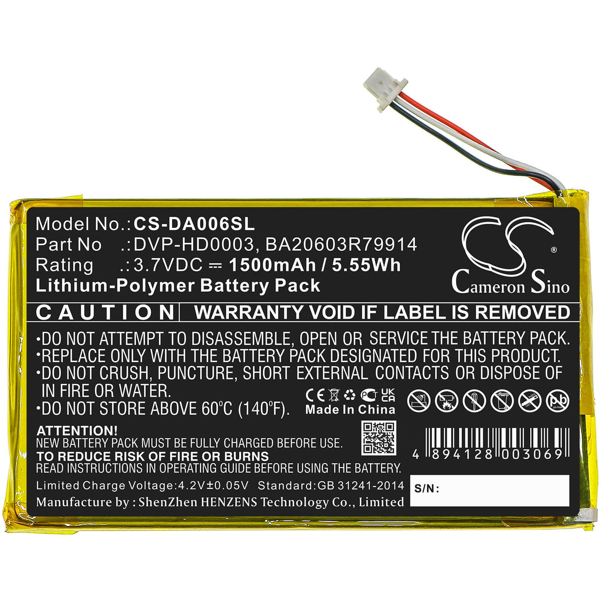 3.7V, Li-Polymer, 1500mAh, Media Player battery fits Creative, Ba20603r79914, Zen Vision M, Zen Vision M Video, 5.55Wh Media Player Cameron Sino Technology Limited