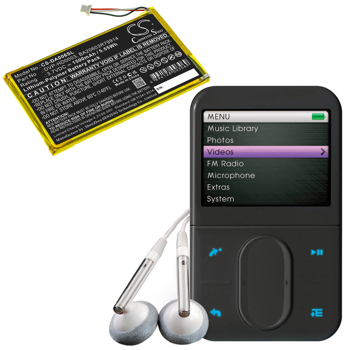 3.7V, Li-Polymer, 1500mAh, Media Player battery fits Creative, Ba20603r79914, Zen Vision M, Zen Vision M Video, 5.55Wh Media Player Cameron Sino Technology Limited