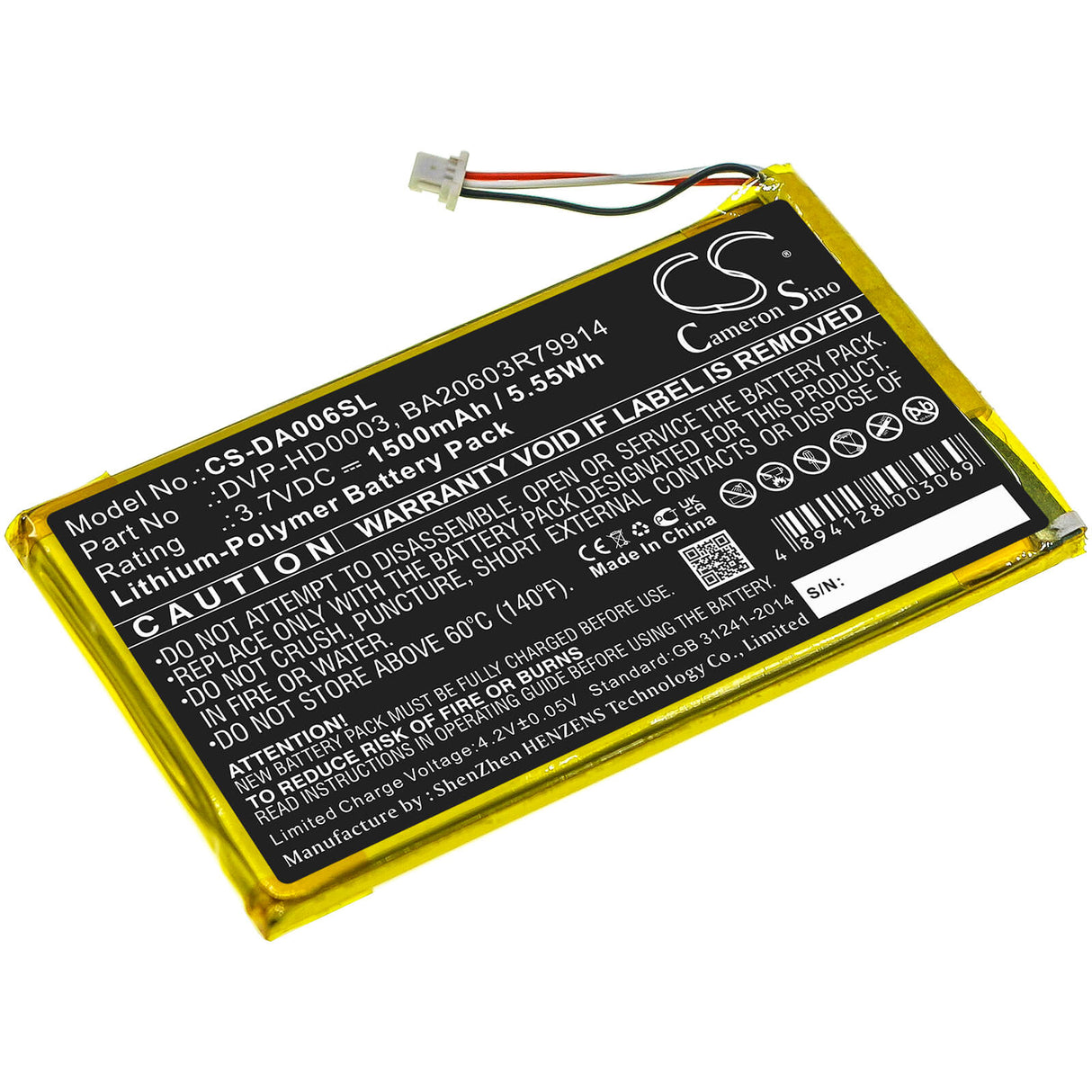 3.7V, Li-Polymer, 1500mAh, Media Player battery fits Creative, Ba20603r79914, Zen Vision M, Zen Vision M Video, 5.55Wh Media Player Cameron Sino Technology Limited