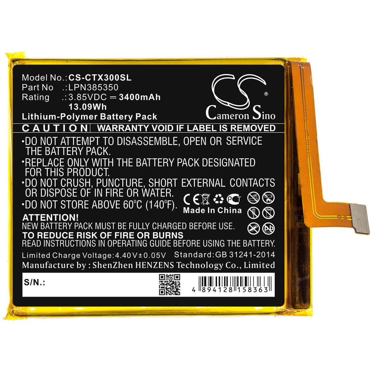 3.85V, Li-Polymer, 3400mAh, SmartPhone battery fits Crosscall, Lpn385350, Action X3, Action-x3, 13.09Wh Mobile, SmartPhone Cameron Sino Technology Limited (Smartphone)