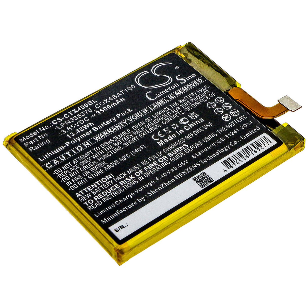 3.85V, Li-Polymer, 3500mAh, SmartPhone battery fits Crosscall, Cox4bat100, Core X4, 13.48Wh Mobile, SmartPhone Cameron Sino Technology Limited (Smartphone)