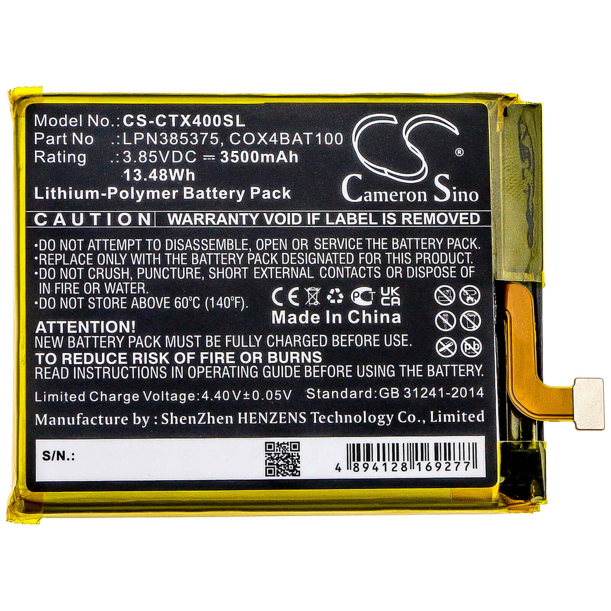 3.85V, Li-Polymer, 3500mAh, SmartPhone battery fits Crosscall, Cox4bat100, Core X4, 13.48Wh Mobile, SmartPhone Cameron Sino Technology Limited (Smartphone)