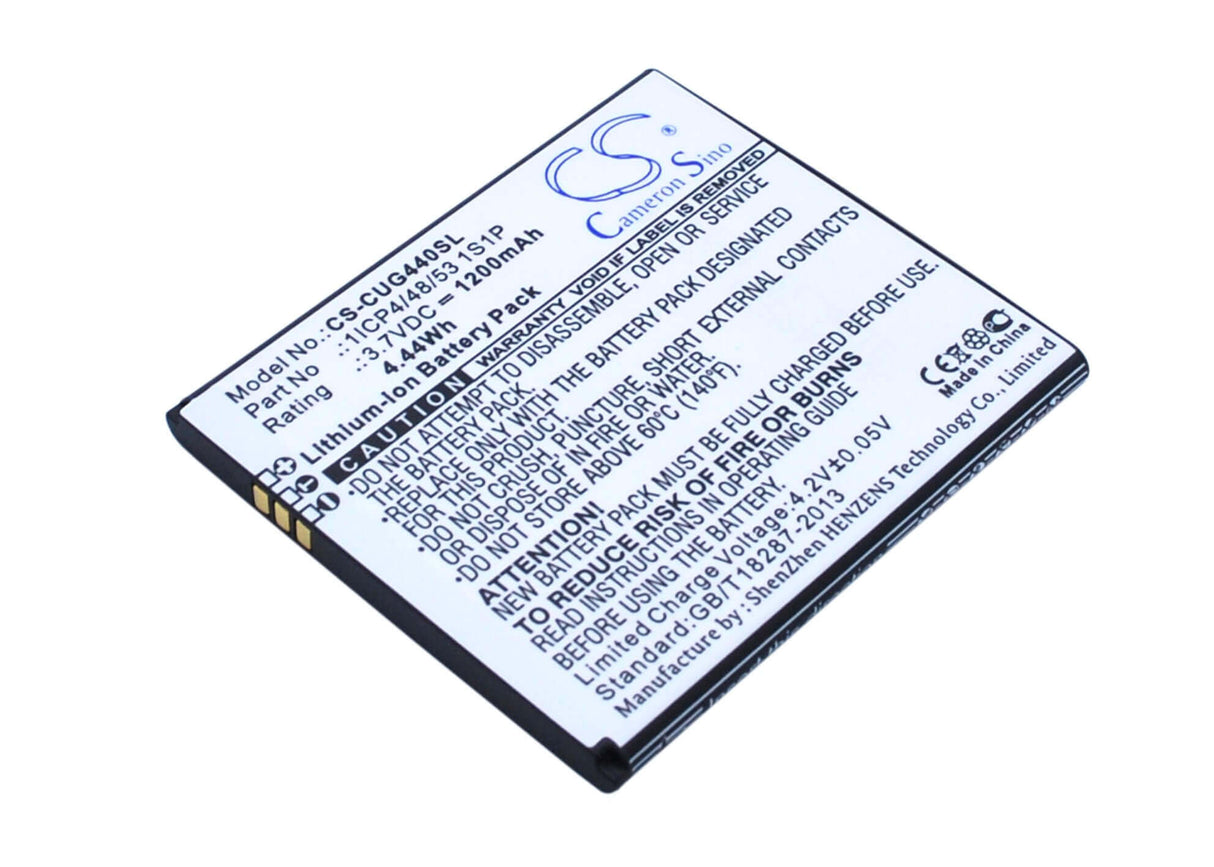 3.7V, Li-ion, 1200mAh, SmartPhone battery fits Cube1, 1icp4/48/53 1s1p, G44, G44s, 4.44Wh Mobile, SmartPhone Cameron Sino Technology Limited (Suspended)