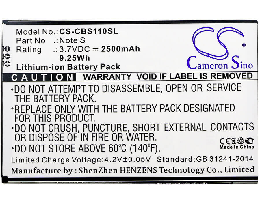 3.7V, Li-ion, 2500mAh, SmartPhone battery fits Cubot, Note S, Note S, 9.25Wh Mobile, SmartPhone Cameron Sino Technology Limited (Smartphone)