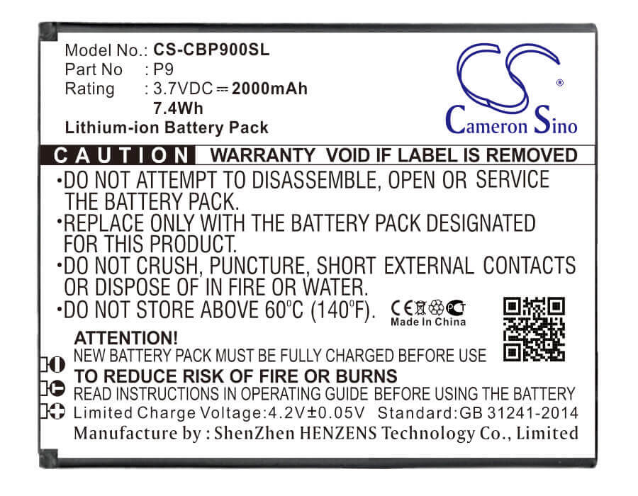 3.7V, Li-ion, 2000mAh, SmartPhone battery fits Cubot, P9, P9, 7.4Wh Mobile, SmartPhone Cameron Sino Technology Limited (Smartphone)