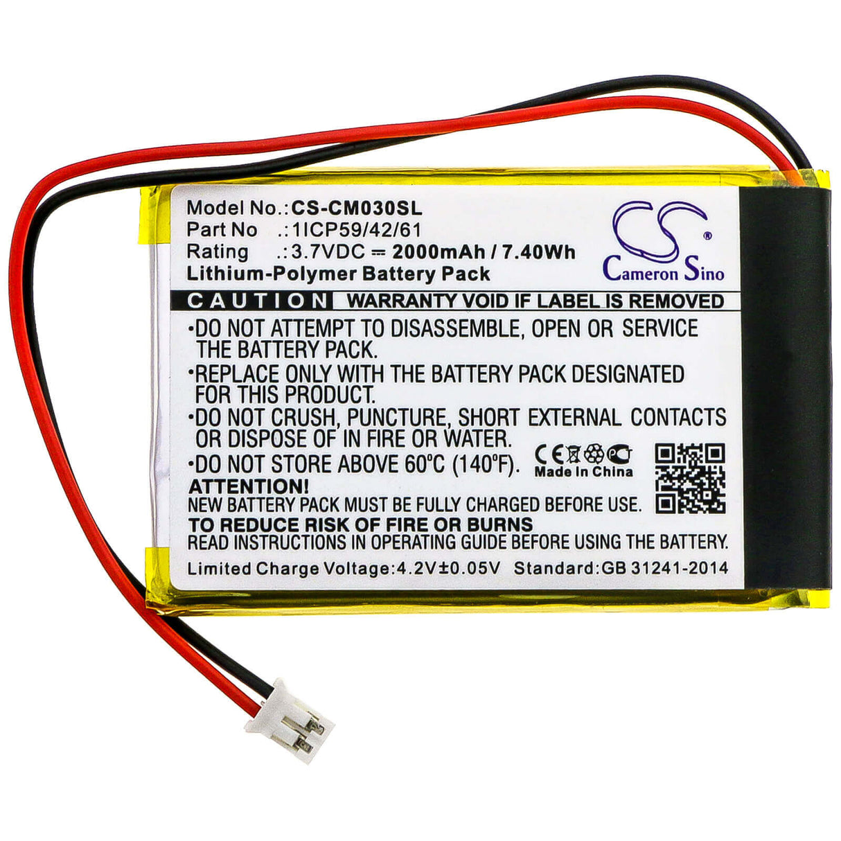 3.7V, Li-Polymer, 2000mAh, Battery Pack battery fits Custom Battery Pack, 1icp59/42/61, 7.4Wh Battery Pack Cameron Sino Technology Limited