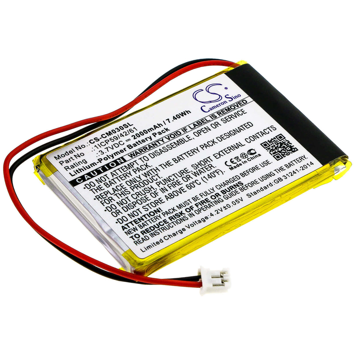 3.7V, Li-Polymer, 2000mAh, Battery Pack battery fits Custom Battery Pack, 1icp59/42/61, 7.4Wh Battery Pack Cameron Sino Technology Limited