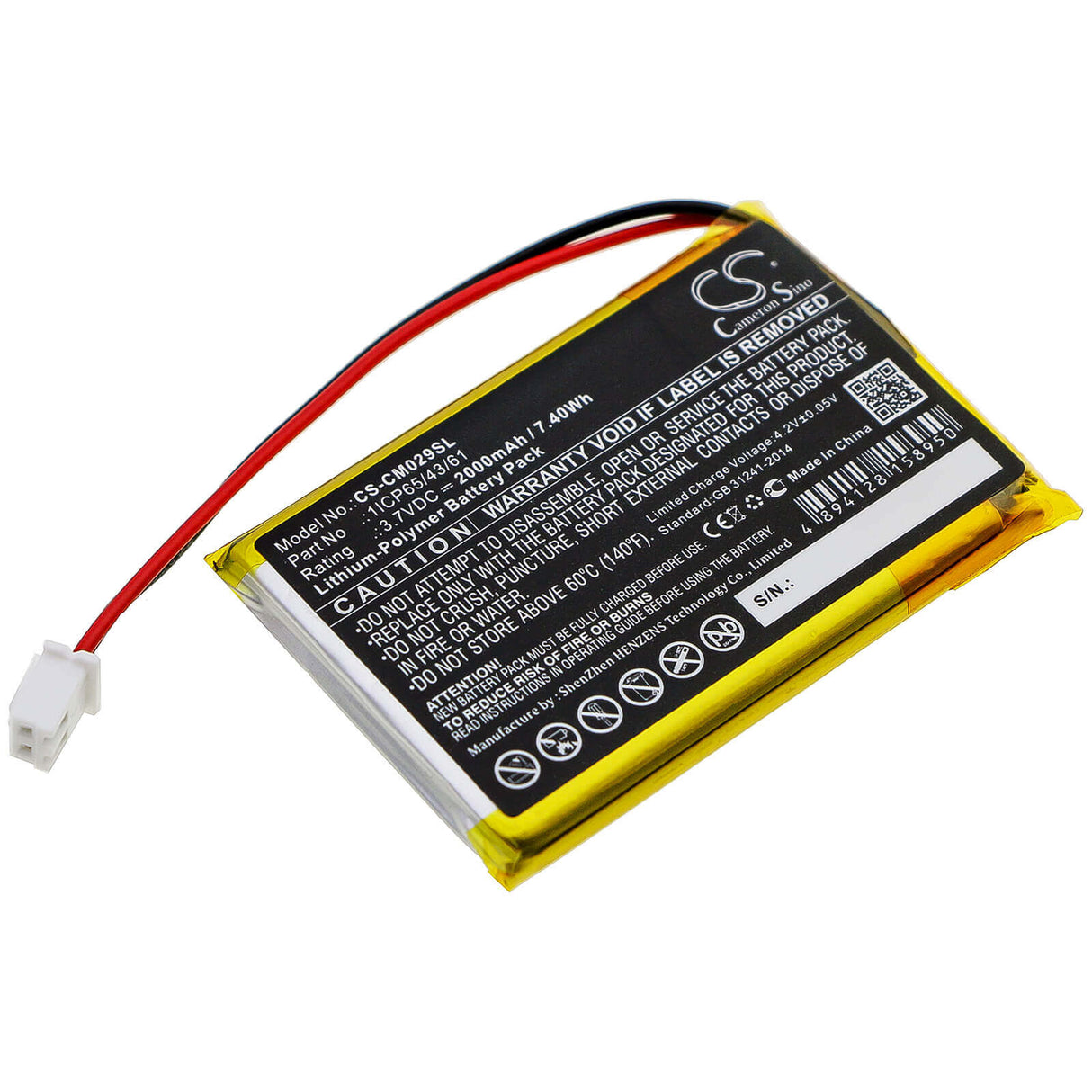 3,7V, Li-Polymère, 2000mAh, Batterie Pack s'adapte à Custom Battery Pack, 1icp65/43/61, 7.4Wh Batterie Pack Cameron Sino Technology Limited