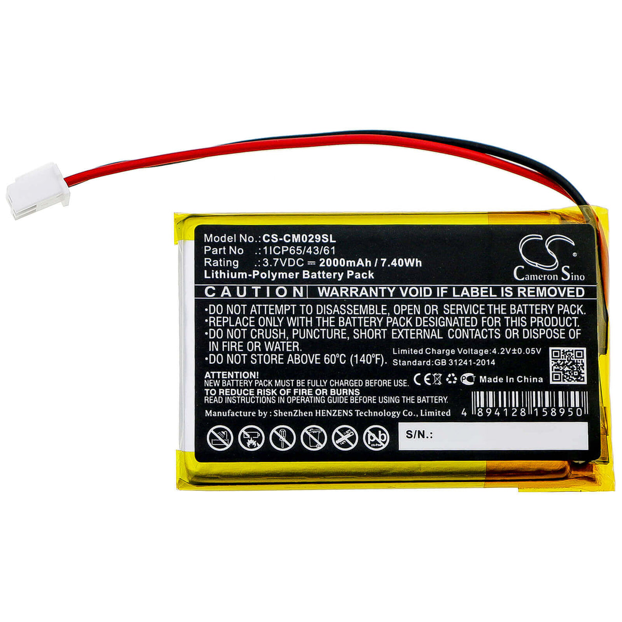 3,7V, Li-Polymère, 2000mAh, Batterie Pack s'adapte à Custom Battery Pack, 1icp65/43/61, 7.4Wh Batterie Pack Cameron Sino Technology Limited