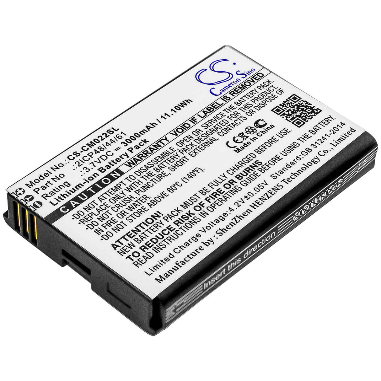 3.7V, Li-ion, 3000mAh, Pack de batteries qui convient au pack de batteries sur mesure, 2icp48/44/61, 11.1Wh Pack de batteries Cameron Sino Technology Limited
