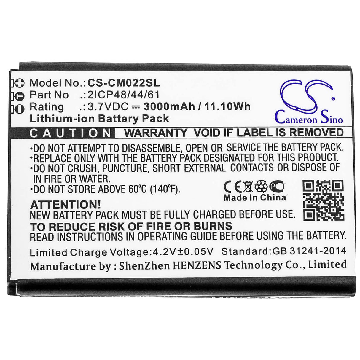 3.7V, Li-ion, 3000mAh, Pack de batteries qui convient au pack de batteries sur mesure, 2icp48/44/61, 11.1Wh Pack de batteries Cameron Sino Technology Limited