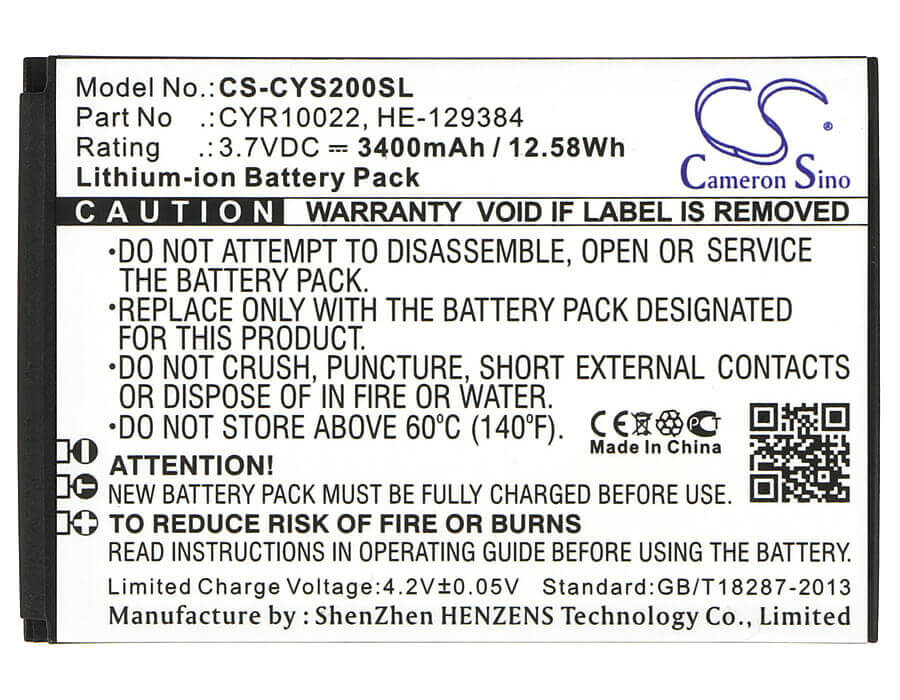 3.7V, Li-ion, 3400mAh, SmartPhone battery fits Cyrus, Cyr10022, Cs20, 12.58Wh Mobile, SmartPhone Cameron Sino Technology Limited (Smartphone)