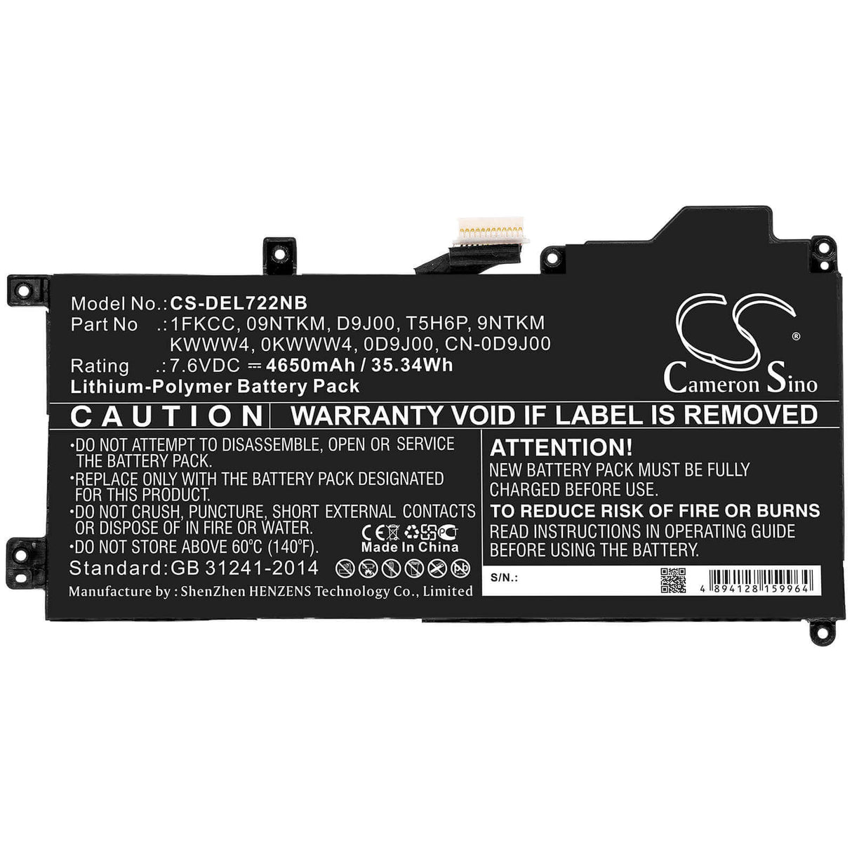 Notebook Battery For Dell, Latitude 12 7200, Latitude 7200 2-in-1 7.6v, 4650mah - 35.34wh Notebook, Laptop Cameron Sino Technology Limited