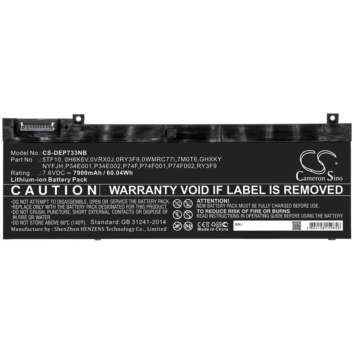 Notebook battery For Dell, Precision 7330, Precision 7530, Precision 7540 7.6v, 7900mah - 60.04wh Notebook, Laptop Cameron Sino Technology Limited
