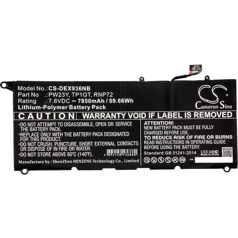 Battery For Dell, Xps 13 9360, Xps 13 9360-d1605g, 7.6v, 7850mah - 59.66wh Notebook, Laptop Cameron Sino Technology Limited