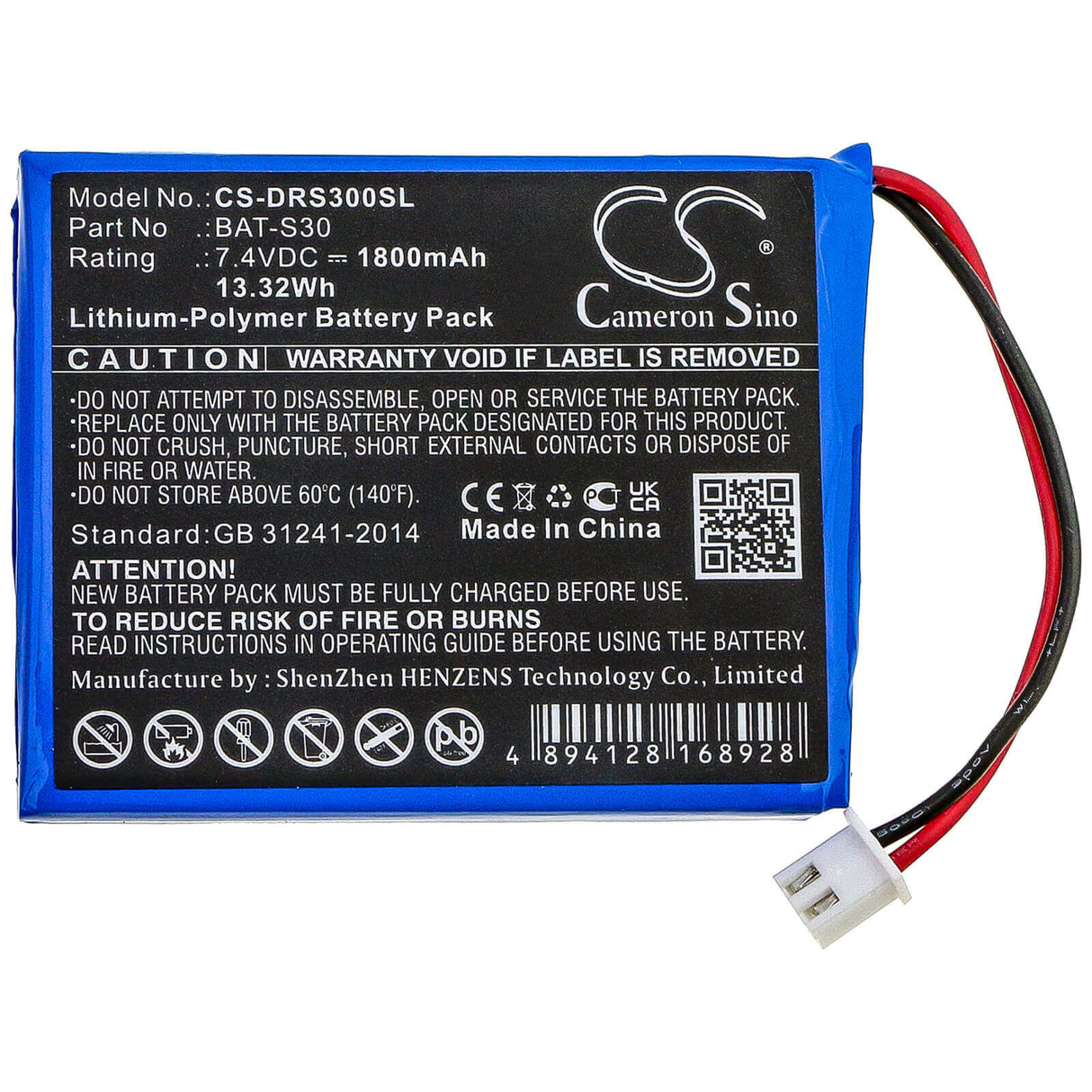 7.4V, Li-Polymère, 1800mAh, Batterie d'équipement compatible avec Deviser, Bat-s30, S30, 13.32Wh Équipement, Enquête, Test Cameron Sino Technology Limited